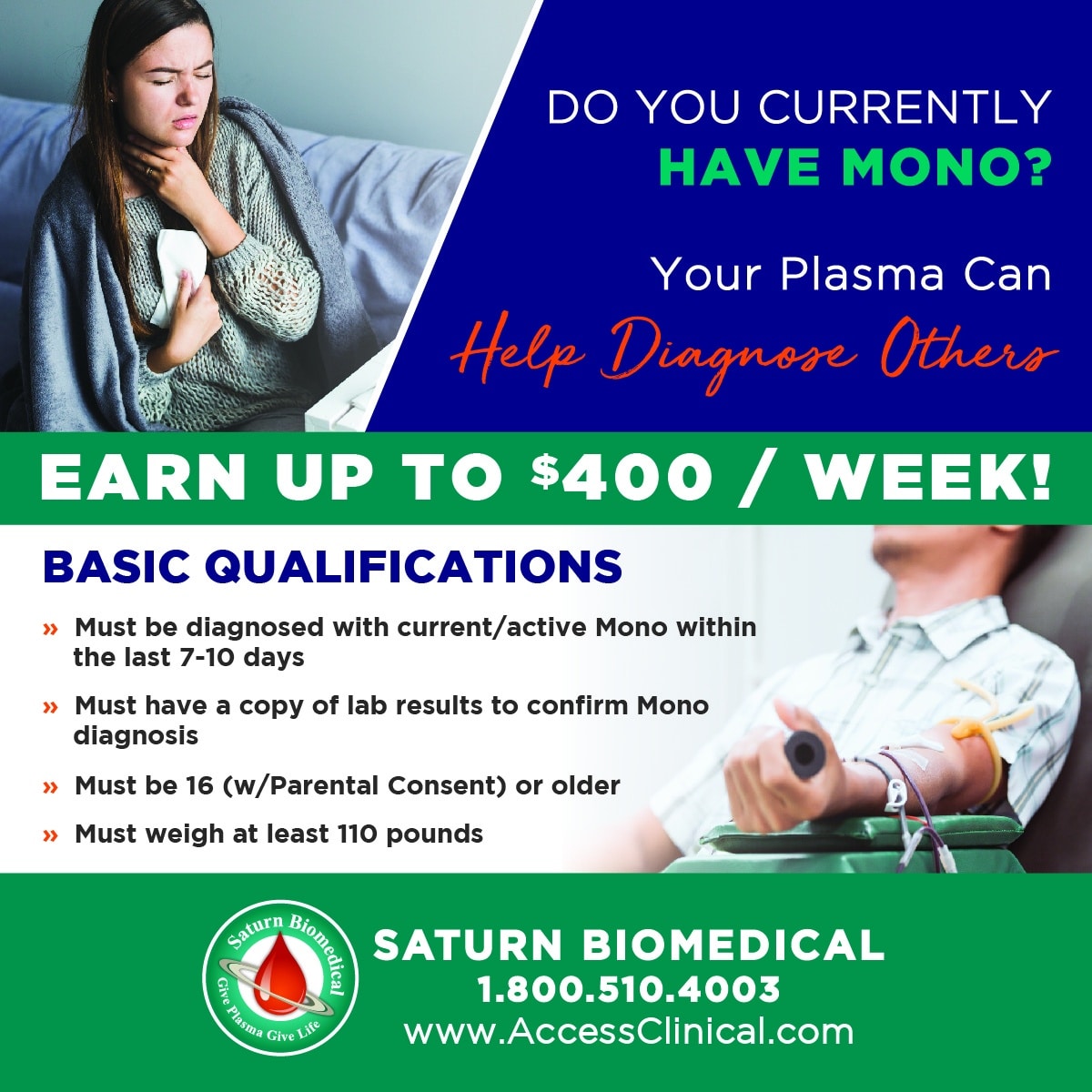 Just diagnosed w/Mono? Want to help others and Earn $200 per plasma ...