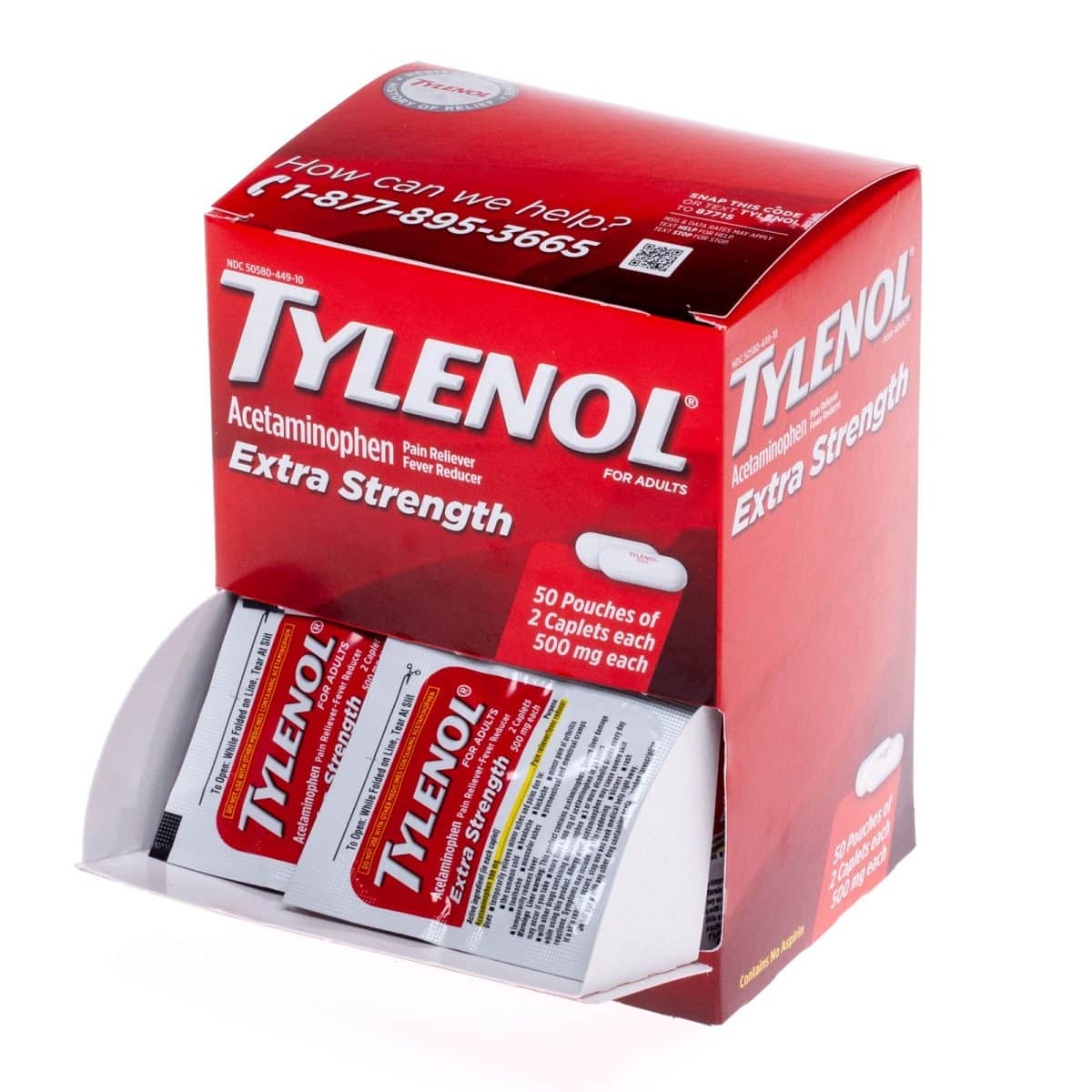 Tylenol Extra Strength Pain Reliever Fever Reducer 50 pouches 2 Caplets ...